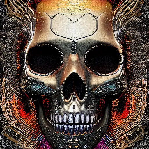 Image similar to portrait_of_glossy metalic skull with glitch effects._intricate_abstract._psychedelic_liquod_embossed_intricate_artwork._by_Tooth_Wu_wlop_beeple_dan_mumford._octane_render_trending_on_artstat