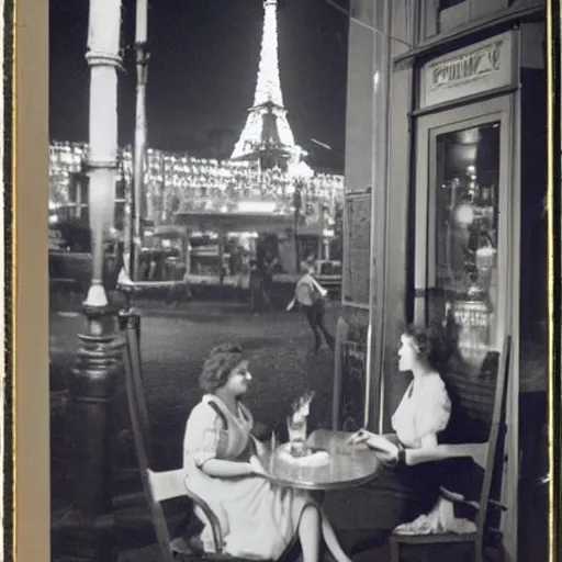 Image similar to two young edwardian women sit outside a cafe in paris at night, the moon is in the sky, the eiffel tower is visible in the background