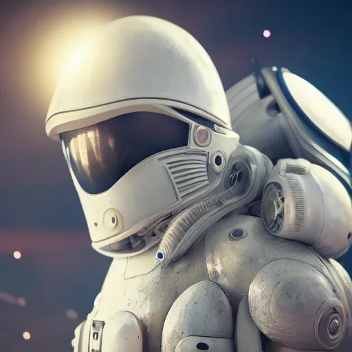 Image similar to photography portrait of a white futuristic steampunk space builder suit armor, in an colorful alien planet, ultra detail, beautiful light, high detail, 8 k, f / 2. 8, octane render