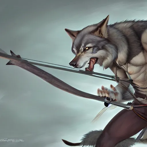 Prompt: muscular wolf archer aiming for a tree, fursona, anthro, male, detailed fur, detailed clothing, painting, makoto shinkai