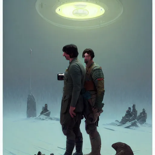 Image similar to portrait of adam driver helping a wounded john oliver, standing together, stoic, full body, military uniform, battle, war, cinematic lighting by darek zabrocki and greg ruthkowski, alphonse mucha, simon stalenhag and cinematic and blue cold atmospheric, concept art, artstation, trending on artstation - w 8 3 2