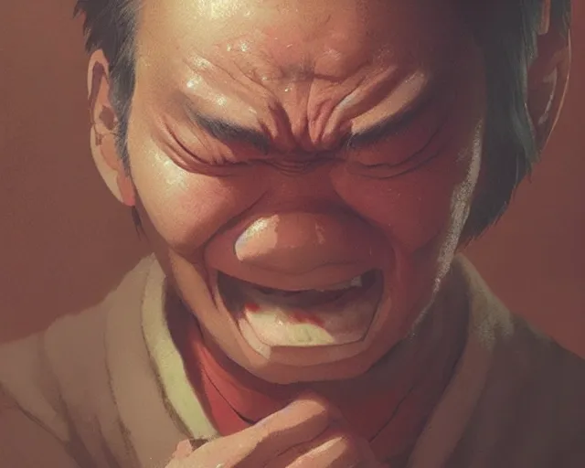 Image similar to a 50 year old brunnete chinese man with puffy cheeks bursting in tears on the floor, close up shot, anime art, Greg Rutkowski, studio ghibli, dramatic lighting