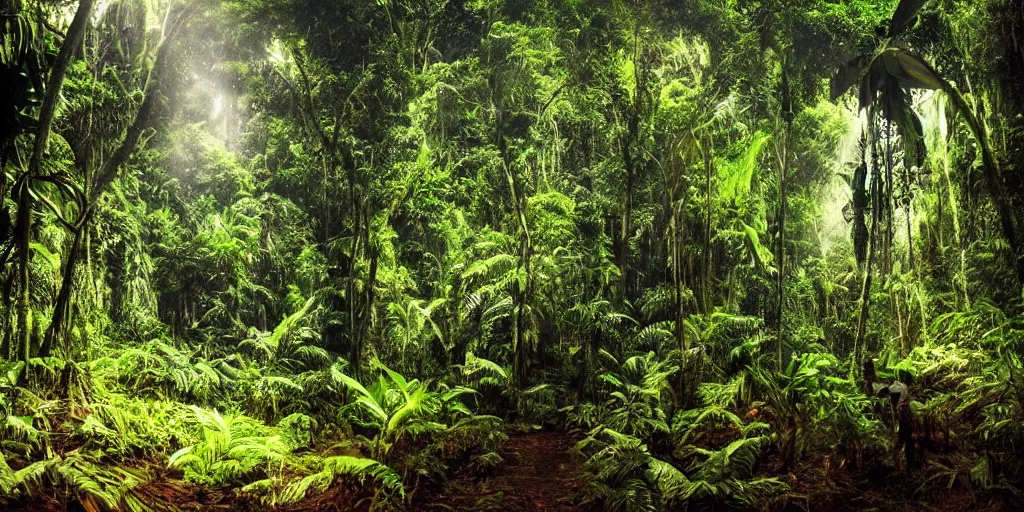 Image similar to lost in the amazon rainforest, beautiful, cinematic, dramatic lighting, shadows, highly detailed