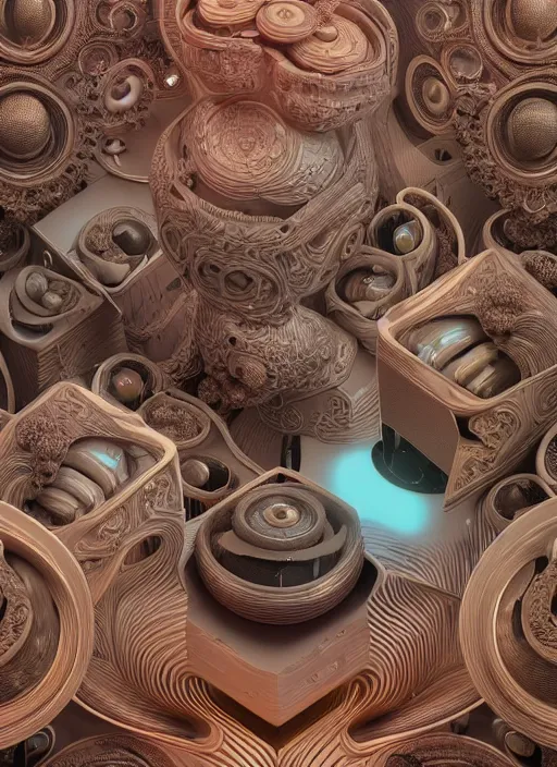 Prompt: highly detailed surreal vfx portrait of a 3 d landscape of stacks of recursive speakers, polyphonic ecstacy, ornate, hyperrealistic, octane render, chiaroscuro, inspired by james jean, mandelbulb 3 d, android jones, beeple, rhads, alphonse mucha, frostbite 3 engine