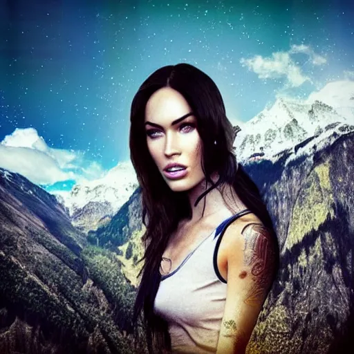 Image similar to double - exposure effect of megan fox face in beautiful mountains, in the style of dan mountford, amazing detail