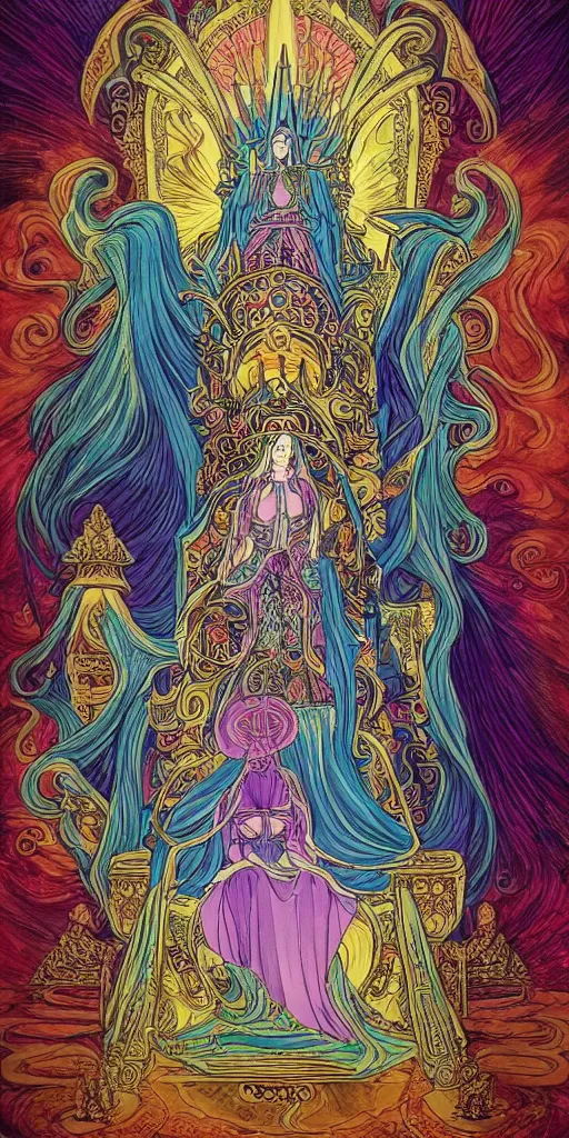 Image similar to a mystical woman priestess sitting on a throne, the divine feminine, drawn by studio UFOTABLE, psychedelic, fine line work, pastel colors, Tarot cards. The empress tarot card, detailed