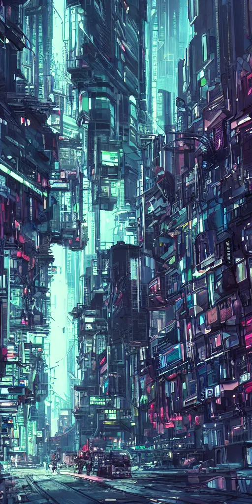 Image similar to the street between artificial megastructures, living spaces, dystopian cyberspace, landscape, concept art, brutalism, neon lights, colorful, cyberpunk, market, matte painting, in the style of BLAME!, wide angle,