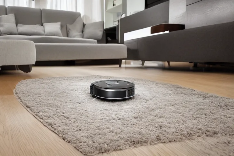 Image similar to a high detailed picture of a robot vacuum cleaner in a living room, 8k, very detailed, photo realistic