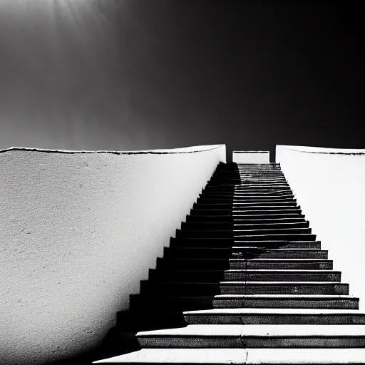 Image similar to black and white surreal photograph, highly detailed vast space made of stairsteps, sideview, detailed textures, natural light, mist, architecture photography, film grain, soft vignette, sigma 1 4 mm f / 1. 4 1 / 1 0 sec shutter, imax 7 0 mm footage