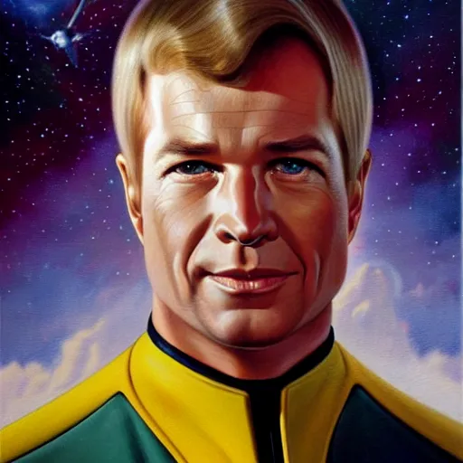 Prompt: oil portrait of captain kirk in his gold uniform on the starship enterprise. star trek. oil painting, highly detailed, centered, artstation, concept art, smooth, sharp focus, illustration, artgerm, vermeer, hans peter mohrbacher, donato giancola, joseph christian leyendecker, drew struzan