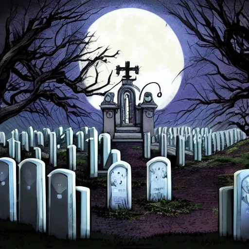 Image similar to anime hd, anime, 2 0 1 9 anime, ghost children, children born as ghosts, dancing ghosts, london cemetery, albion, london architecture, buildings, gloomy lighting, moon in the sky, gravestones, creepy smiles