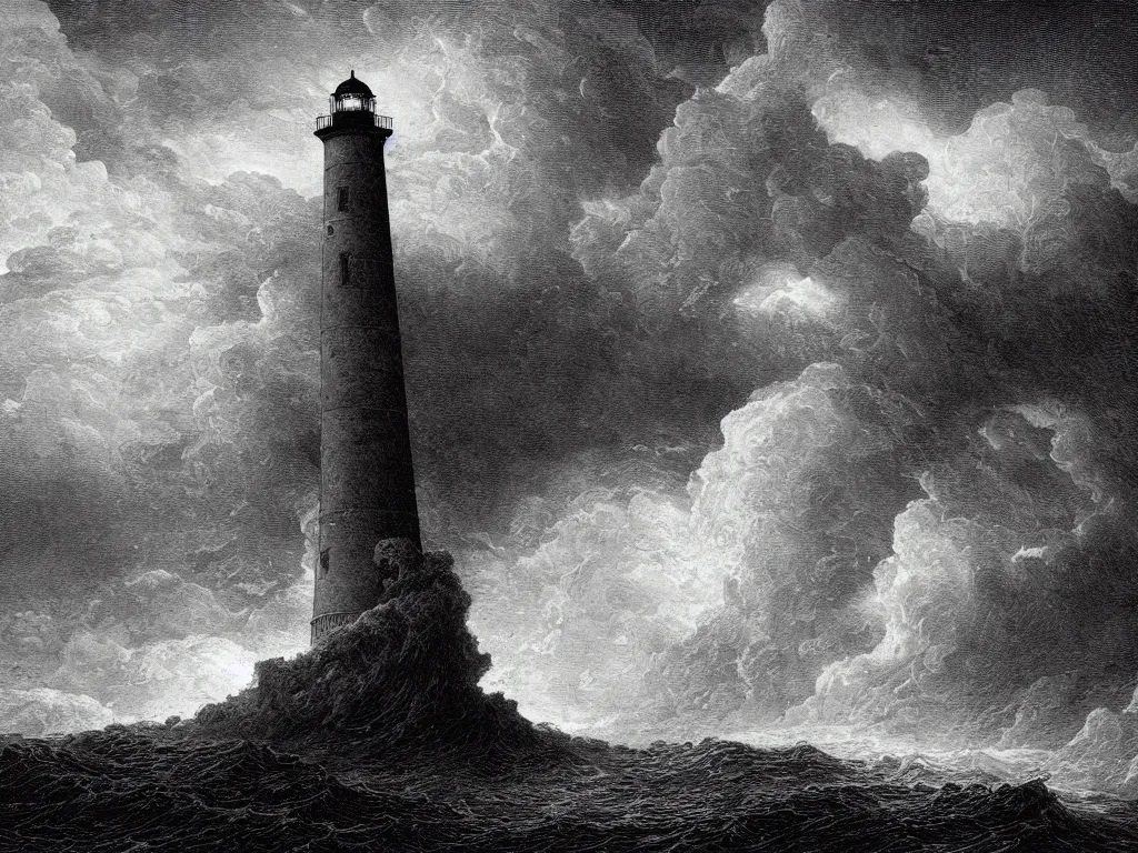 Prompt: “An engraving of a storm battering a lighthouse by Gustave Dore”