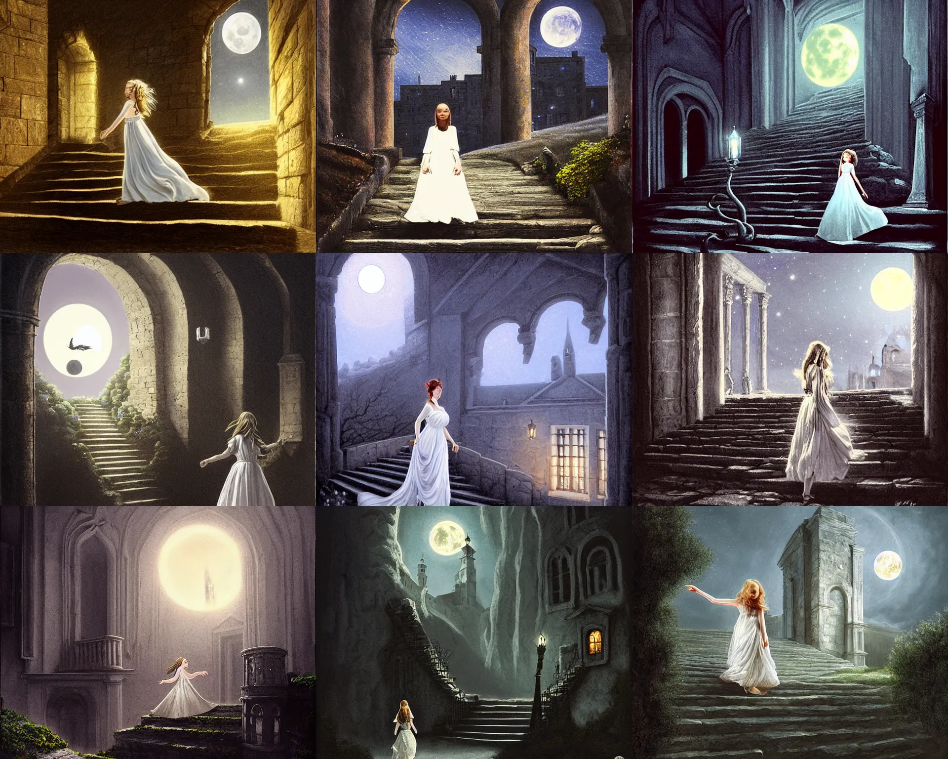 Prompt: A girl in a white dress runs down the steps, high stone walls, bright chandeliers in high windows, night, moonlight, matte painting, 24mm, medium shot, dark fantasy painting by Franz Hein