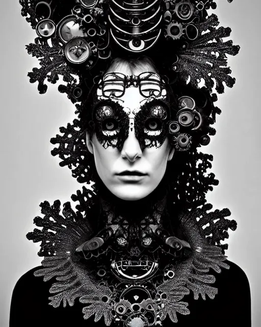 Prompt: surreal dark poetic black and white photo portrait of complex bio-mechanical beautiful young silver female vegetal-cyborg with a Mandelbrot fractal steampunk metal fine lace face, a very long neck and a fine metal floral foliage super big lace collar by Alexander McQueen:: smoke, high fashion, haute couture, rococo, steampunk, avant-garde, silver filigree details, anatomical, facial muscles, cable wires, microchip, elegant, dreamy, foggy atmosphere, hyper realistic, 150 mm lens, soft rim light, octane render, unreal engine, picture was taken in 1910 by Man Ray, volumetric lighting, dramatic light,8k,