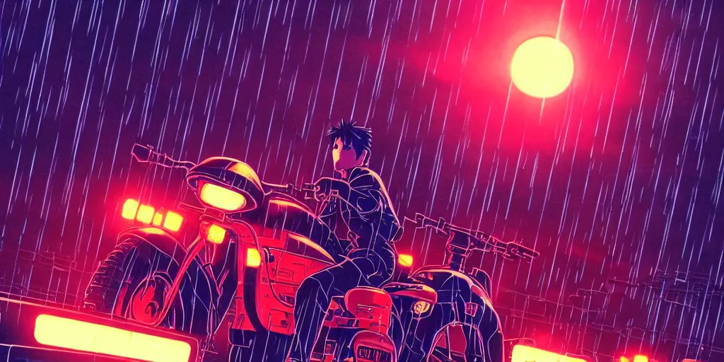 Prompt: twilight lighting, moody, atmospheric, solarpunk, kaneda and his motorcycle from akira, rainy, in the art style of neon genesis : evangelion, 8 0 s anime style, by ghibli studio and victor ngai, ghost in the shell art style, akira artstyle, pixar highly detailed, 8 k h 5 7 6