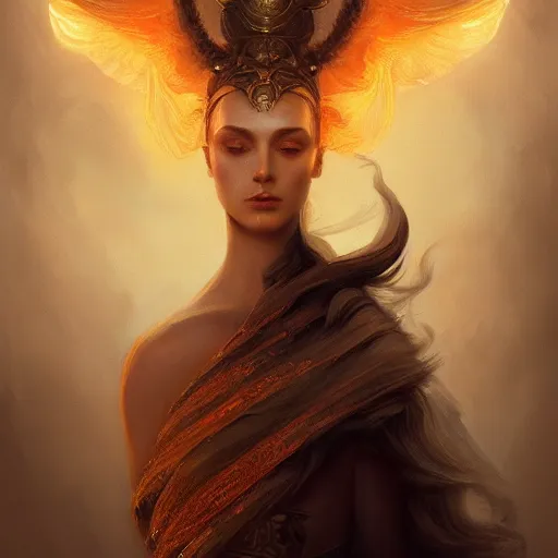 Image similar to portrait of fire goddess, yellow eyes, fantasy, intricate, elegant, highly detailed, digital painting, artstation, concept art, matte, sharp focus, illustration, art by aenaluck and roberto ferri and greg rutkowski, epic fantasy, digital painting