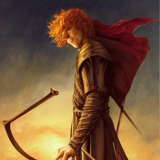 Image similar to kvothe from name of the wind playing or restringing his lute, serenading the sunset, huntsman, medieval, green cape, fire red hair by Aleksi Briclot, illustrated in oil paints and charcol, award winning