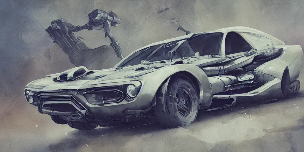 Image similar to vintage muscle car design, futuristic, kyza, ash thorp, simon stalenhag, hard surface, cyberpunk , sci-fi, wide body, sport car, exotic, in watercolor gouache detailed paintings