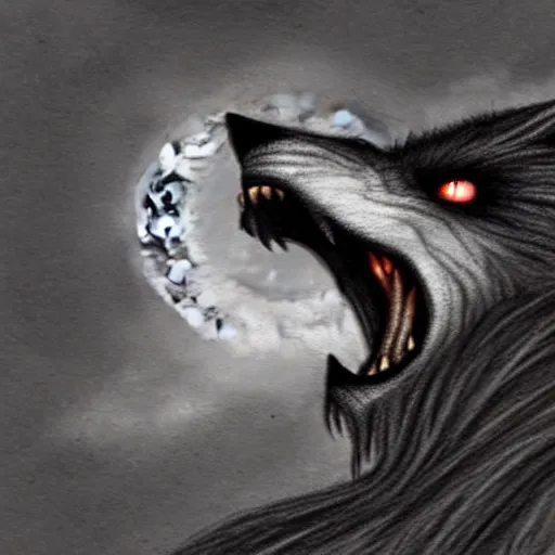 Image similar to werewolf howling at the full moon, side angle, artstation, highly detailed, intricate, pencil