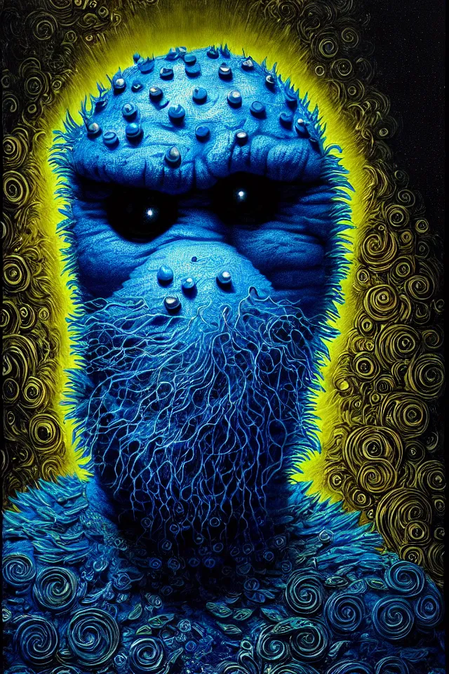 Prompt: bizarre blue blacklight detailed renaissance portrait of cookie monster as a highly detailed realistic real life person, dramatic cinematic lighting, 8 k, beautiful intricate painting by james r eads and tomasz alen kopera