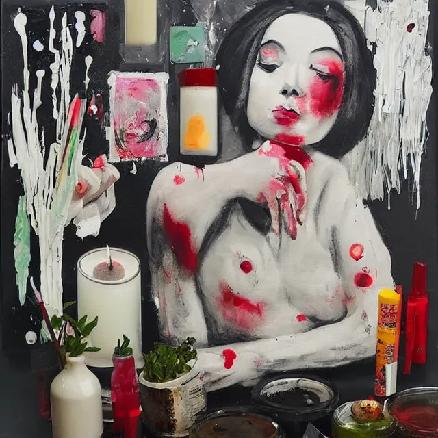 Image similar to “ a portrait in a female art student ’ s apartment, sensual, a pig theme, art supplies, paint tubes, ikebana, herbs, a candle dripping white wax, black walls, squashed berries, berry juice drips, acrylic and spray paint and oilstick on canvas, surrealism, neoexpressionism ”