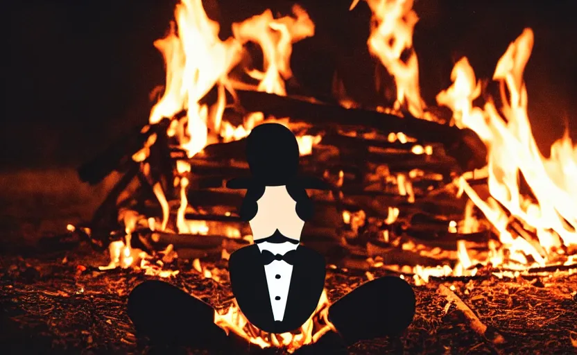 Image similar to a man wearing a tuxedo sitting in the middle of a bonfire