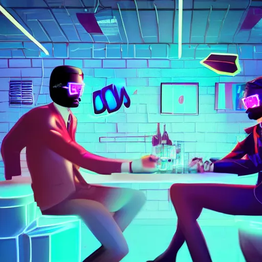 Prompt: stylish cartoon portrait of two guys in a club with designer clothes, throwing rubber bands in the air instead of money, a lot of beautiful girls sitting around them at a private table, cyberpunk background, rendered in octane, unreal engine, highly detailed, trending on artstation, realistic, splashes of neon, beautiful