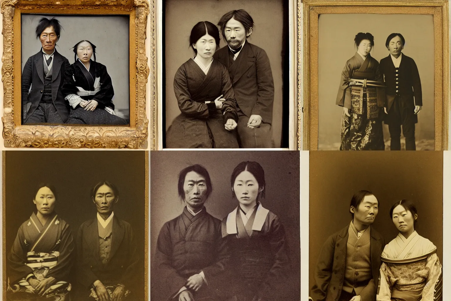 Prompt: 19th century portrait photograph of japanese man and wife by Edward Sheriff Curtis