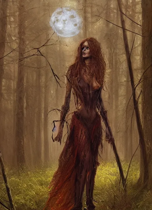 Prompt: close - up portrait of a beautiful skinny woman as witch in front of the full big moon in a fantasy forest, by james gurney, max liebermann, greg rutkowski, highly detailed digital art, artstation