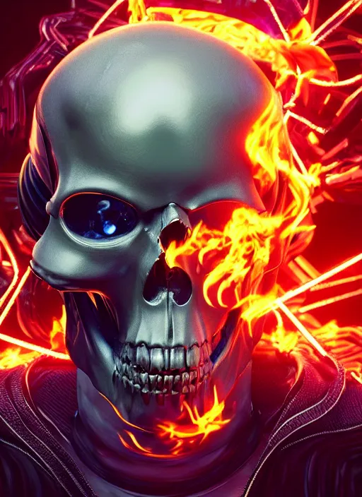 Prompt: a futuristic skull with glowing eyes and a flame fire background, cyberpunk art by android jones, behance contest winner, computer art, darksynth, synthwave, rendered in cinema 4 d