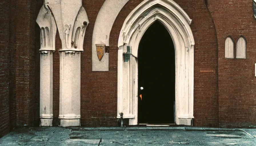 Prompt: 7 0 s film still from a horror movie about a beautiful woman standing at the entrance of a church, kodachrome, cinecolor, cinestill, film grain, film texture, retro, cinematic, high resolution, photorealism,