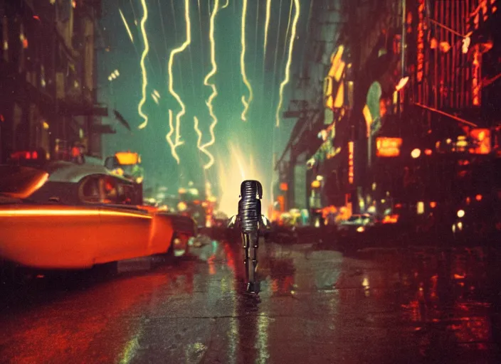 Image similar to a kodachrome photo of a tall huge metallic cyborg droid with glowing lights and sparks and lightning flying from inside, running sprinting on a rainy night in the city in the 1 9 5 0's, dramatic, seen from a distance, canon 5 0 mm, cinematic lighting, film, photography, award - winning, neon, cyberpunk, blade runner