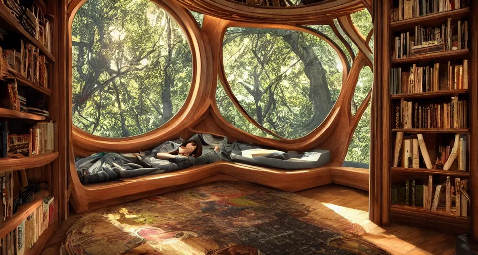 Prompt: A scene from a 2022 Marvel film featuring a cozy art nouveau reading nook in a fantasy treehouse. 8K UHD.