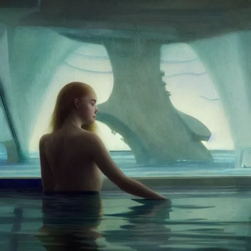 Image similar to Elle Fanning in an underwater city in the world of Edward Hopper, stormy sea, extremely detailed masterpiece, oil on canvas, low-key neon lighting, artstation, Blade Runner 2049, Roger Deakin’s cinematography, by J. C. Leyendecker and Peter Paul Rubens,