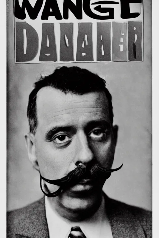 Image similar to magazine cover featuring the famous surrealist artist Danger Dan, photograph of a man with black hair and a mustache, text reads DANGER DAN