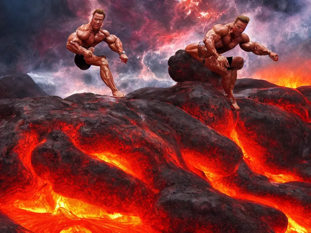 Prompt: muscular arnold schwarzenegger surfing on lava from an erupting volcano, stunning scene, 8 k, extremely detailed digital painting, depth, bright colors, trending on artstation