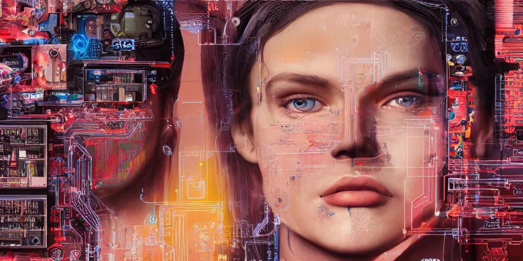 Image similar to portrait of computer & circuits, computer virusm, 8 k, by tristan eaton, trending on deviantart, face enhance, hyper detailed, minimalist, super detailed, cinematic, unreal engine, octane render, chalk texture on canvas