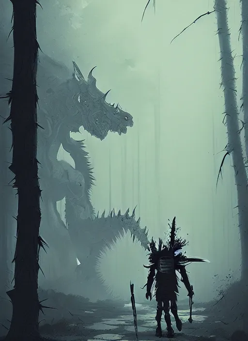 Image similar to giant oni demon in armor, walking, grey forest background, by ismail inceoglu