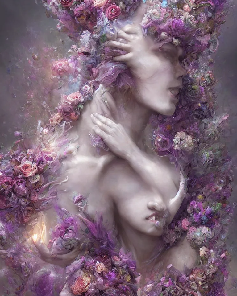 Image similar to a digital painting of interlaced gorgeous etherial female sculptures, made of mist, made of flowers, Andrew Ferez, Charlie Bowater, Marco Mazzoni, Seb McKinnon, Ryohei Hase, Alberto Seveso, Kim Keever, trending on cgsociety, featured on zbrush central, new sculpture, mystical