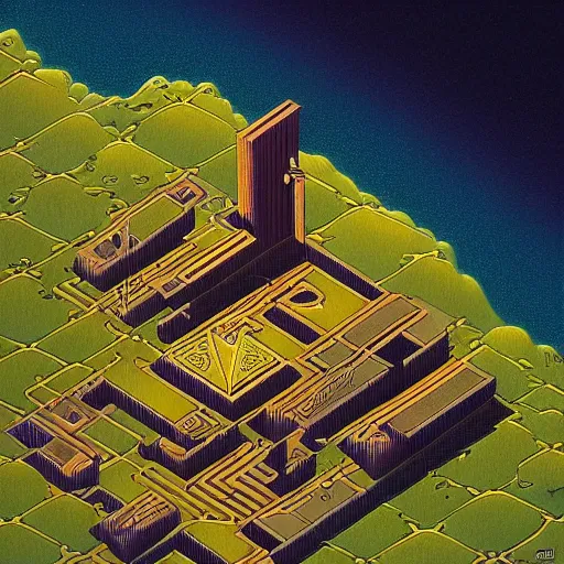 Prompt: isometric world by michael whelan.