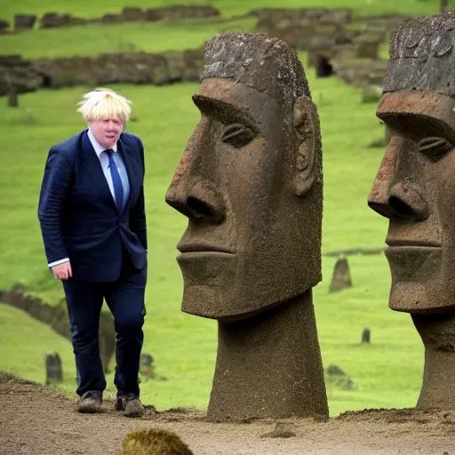 Image similar to Boris Johnson stealing a moai from Easter island