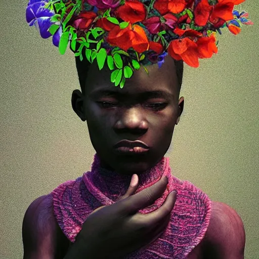 Image similar to colourful vfx art - portrait of nigerian boy wrapped in flowers & vines, art by zdzisaw beksinski & james jean, volumetric light, ray tracing, sharp, detailed, digital painting, illustration, highly detailed, intricate detail, unreal engine, octane render, global light, pinterest, behance, art station,