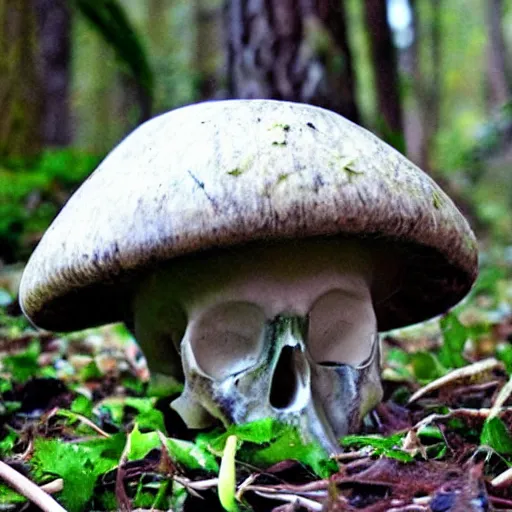 Image similar to alien mushrooms growing from a skull in the woods