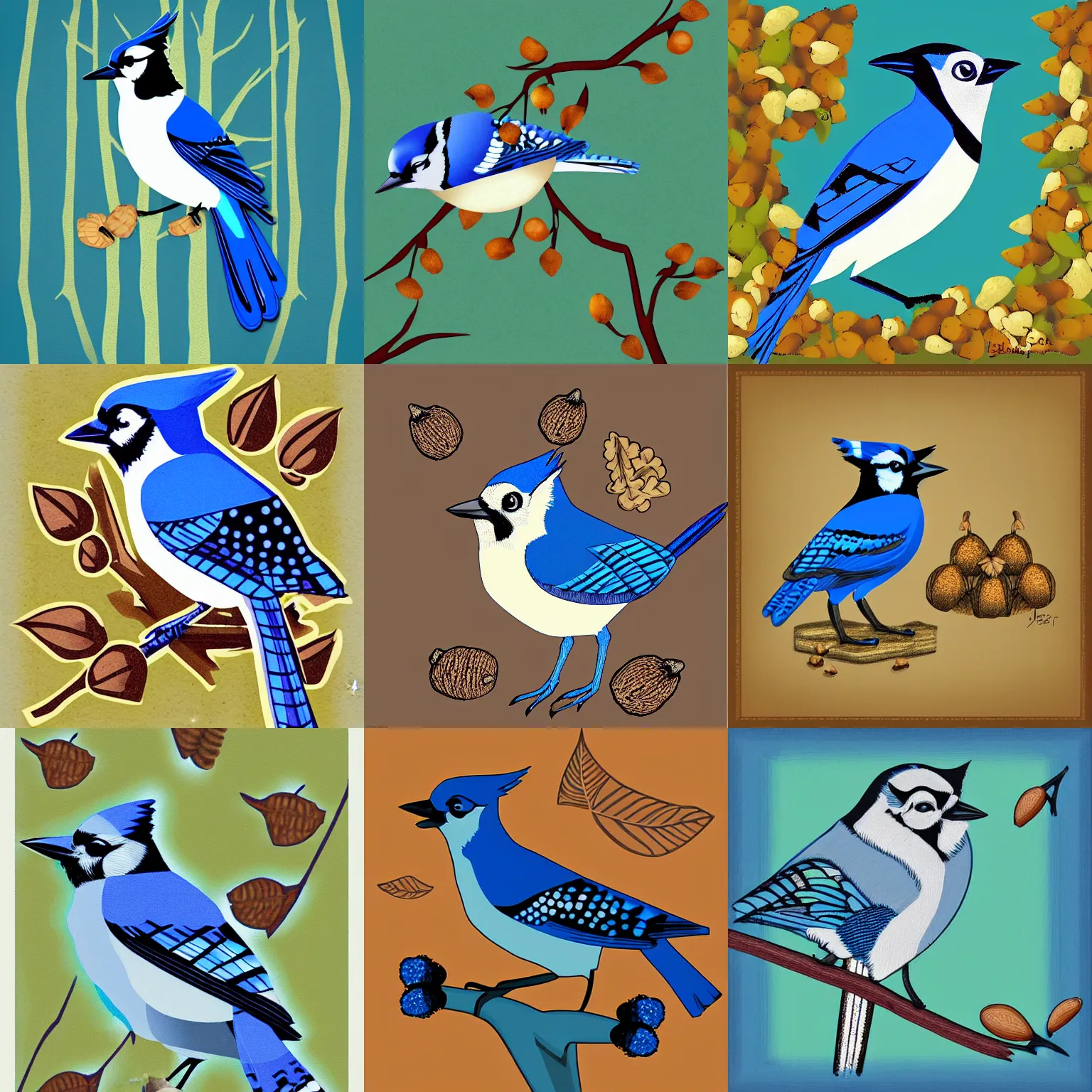 Prompt: blue jay with a pile of acorns in a forest, digital art, art deco style