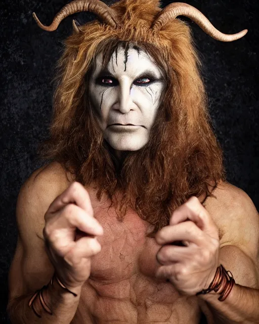 Image similar to actor Ozzy Osborne in Elaborate Pan Satyr Goat Man Makeup and prosthetics designed by Rick Baker, Hyperreal, Head Shots Photographed in the Style of Annie Leibovitz, Studio Lighting