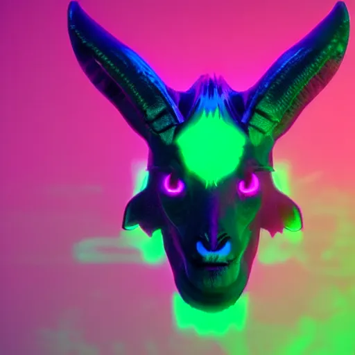 Image similar to synthwave demonic goat face with neon horns, detailed face, sharp focus, synthwave art, aesthetic, octane render, raw, cinematic