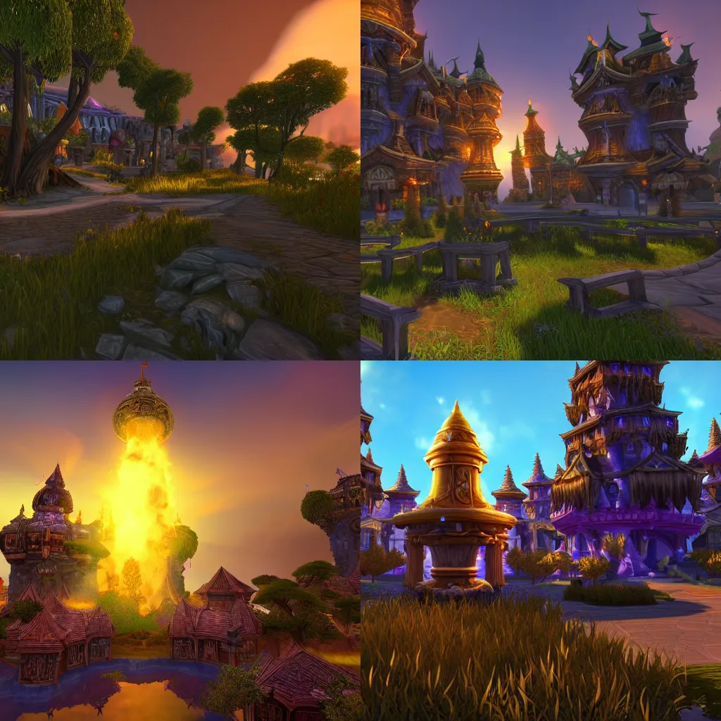 Prompt: world of warcraft, dalaran, golden hour, ray tracing reflection, 8k, hyper realistic, insainly detailed, hdr, octan render.