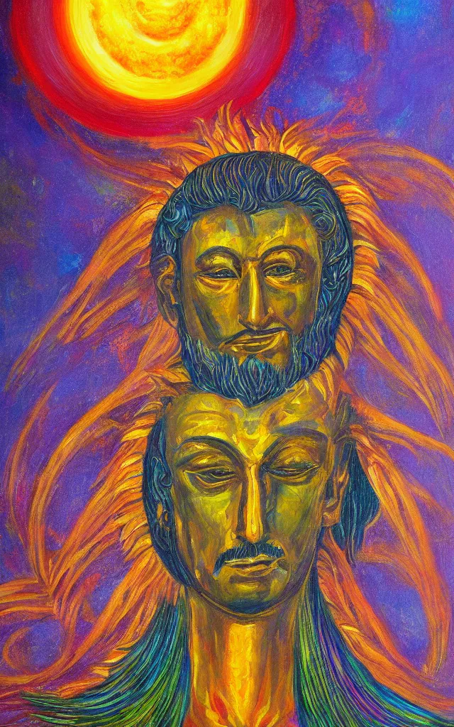 Image similar to the god of the solar mythos solar deity, award winning oil painting, iridescent colors