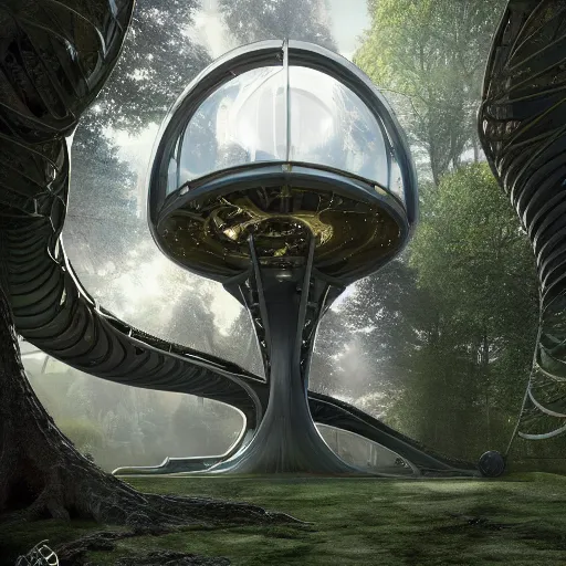 Prompt: futuristic treehouse by Jim Burns, fine art, digital art, cinematic lighting, hyperdetailed, 8k, high resolution, insanely detailed and intricate, unreal engine, octane render