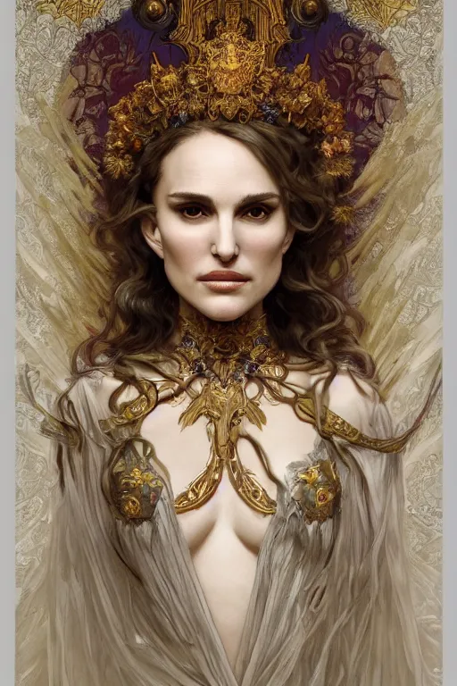 Prompt: natalie portman as queen of the undead, painted by nekro, alphonse mucha, dark - fantasy, intricate detail, artstation, cgsociety, rococo, gold leaf art